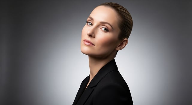 A woman in a black suit looking up photo