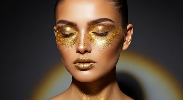 Gold makeup makeup for women with golden glitter eyes and face photo