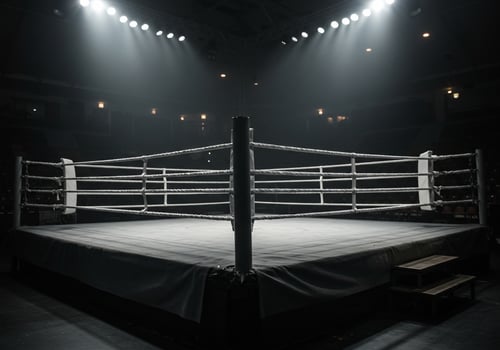 An empty boxing ring in a dark room photo