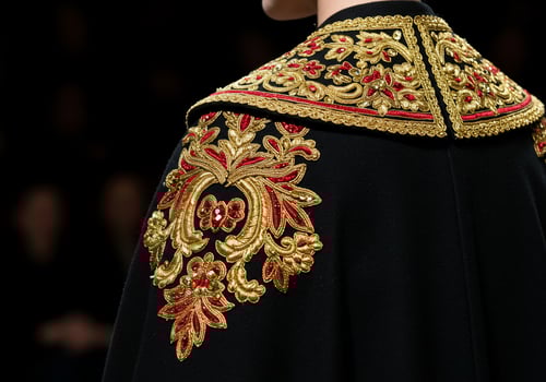 The back of a black and gold dress with gold embroidery photo