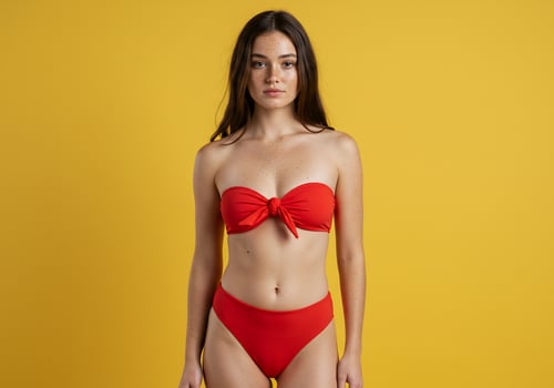 A woman in a red bikini and red bow tie bikini photo