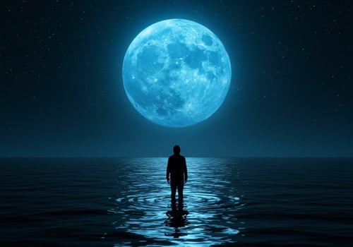 Contemplative person stares at full moon over water, night sky backdrop, use case photo