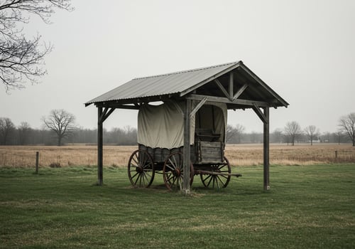 A covered wagon sitting in a field photo