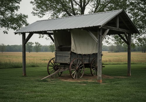 Covered wagon display under shelter, outdoor exhibit in rural grass field scene photo
