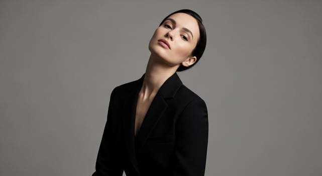 A woman in a black suit posing for the camera photo