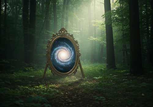 Fantasy portal with a galaxy image on a gold frame in a green forest background photo