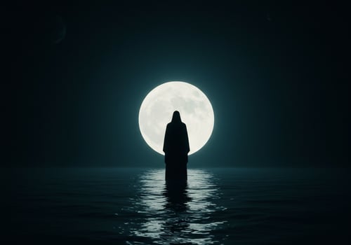 Figure in robe standing in water, looking at full moon, mystical, enigmatic, dark photo