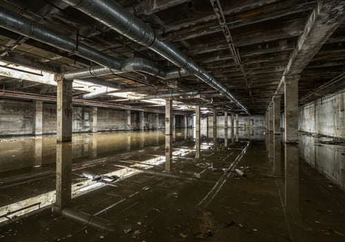 Flooded, abandoned concrete factory, reflections, desolate, waste, potential danger photo