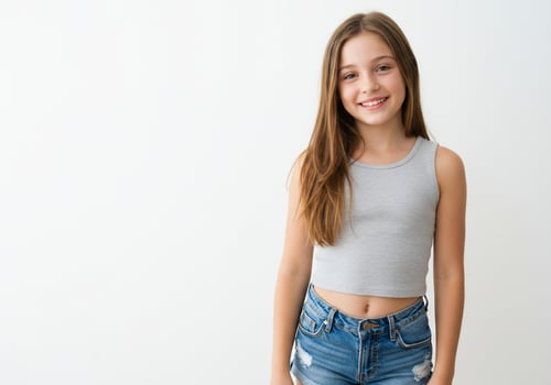 A young girl in jeans and a gray top photo