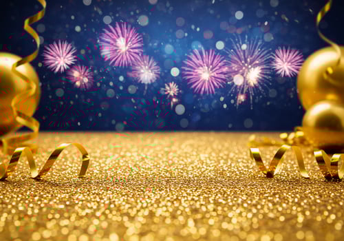 Golden ornaments and ribbons with fireworks celebrating a special event background photo