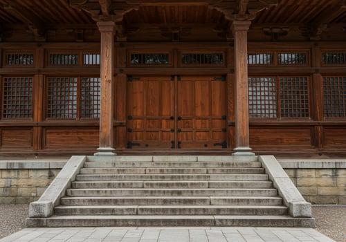 Grand wooden door and stairs lead into a serene Asian-style temple facade photo