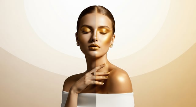 A woman with golden makeup and a gold face photo