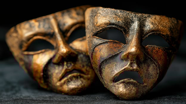 Vintage Gold and Black Theater Masks with Sad and Happy Expressions in Dark Background photo