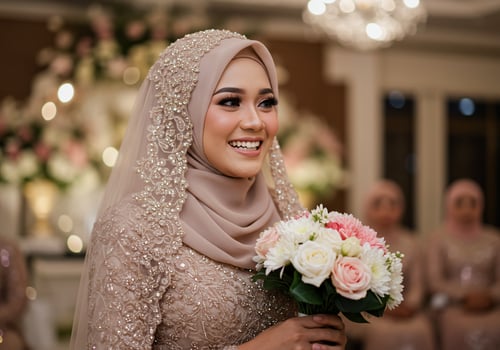 Happy bride with bouquet at wedding, smiling, guests, flowers background photo