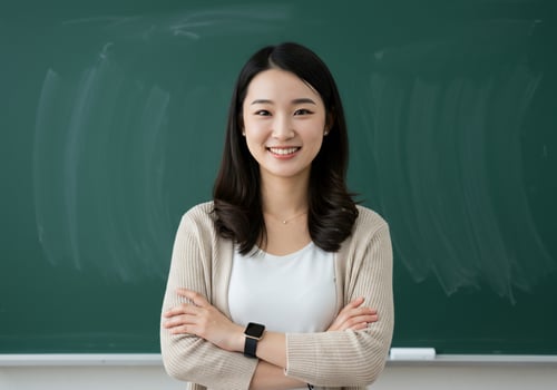 Happy teacher smiles, arms crossed at school against a blackboard for eduation use photo