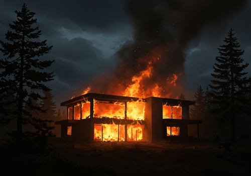 House on fire in nature background for article about home safety and disasters photo