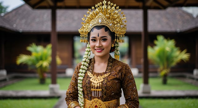 Indonesian woman in traditional attire smiles at Java heritage house. Promotion photo