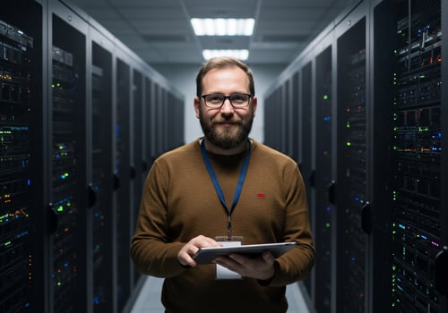 IT specialist manages server room with tablet, verifying systems in background photo