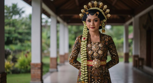 Javanese bride posing traditionally, in corridor, on wedding day, travel stock photo