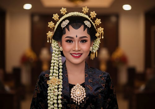 Javanese bride smiles indoors during wedding ceremony. Floral decoration photo