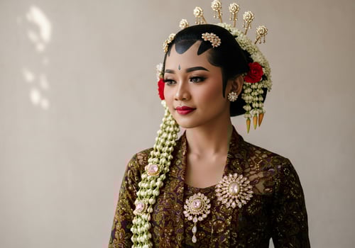 Javanese bride wearing a traditional wedding dress for the ceremony, neutral wall photo