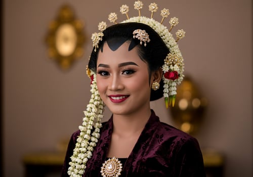 Javanese bride smiling at wedding with head flowers and maroon dress indoors photo