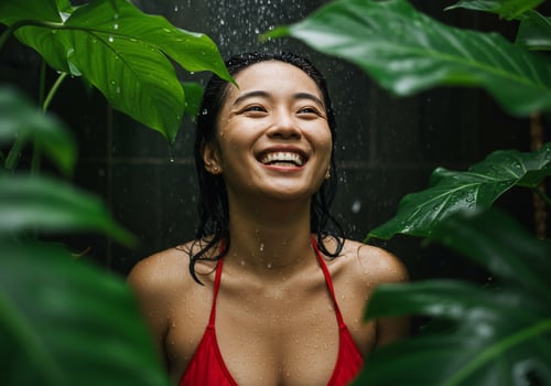 Joyful woman in red swimsuit showering outside surrounded by lush green foliage photo