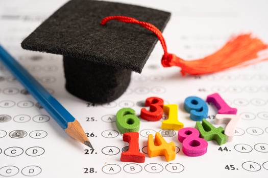 Math Number colorful with graduation hat and pencil on answer sheet paper. photo