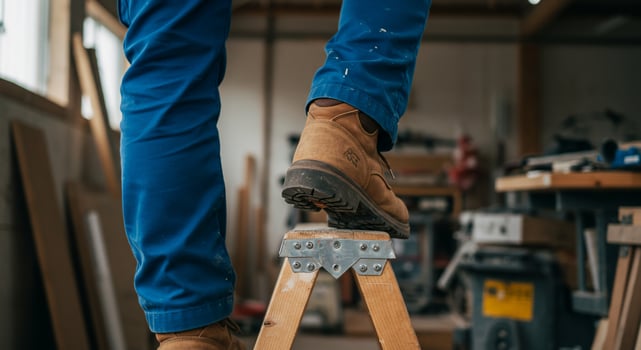Man steps onto ladder wearing work boots in wood shop for maintenance work photo