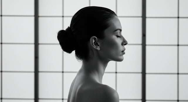Meditative woman profile, eyes closed, relaxed expression. Wellbeing concept use photo