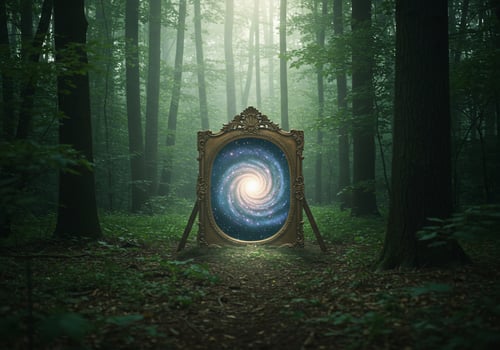 Mirror displaying a galaxy in the forest for dreams, imagination, and fantasy photo