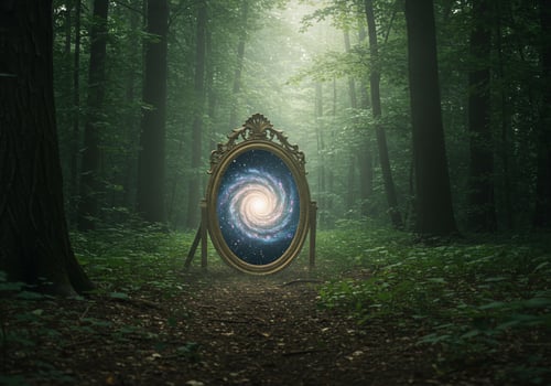 Mirror reflects the galaxy in forest, creating mystical scene for fantasy use photo
