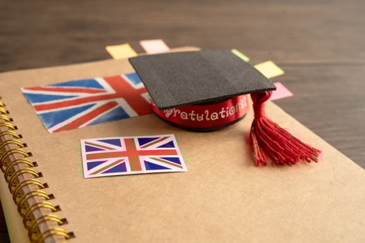 UK flag with graduate hat on book. photo