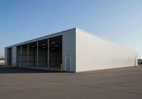 Open Industrial Steel Building in Empty Yard for Storage and Manufacturing Use photo