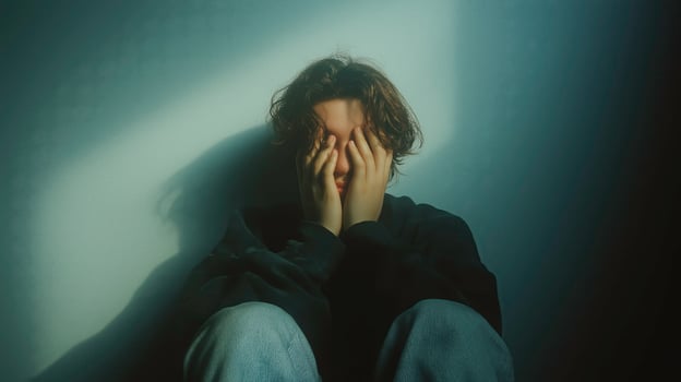 Young Person Sitting in Dark Room Covering Face with Hands in Sad Mood photo