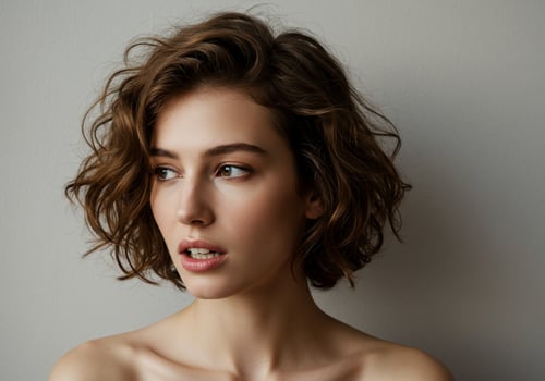 Portrait of a pensive woman with curly bob hairstyle, looking to the side photo