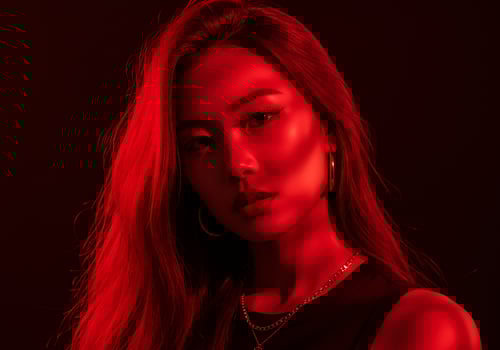 Portrait of a woman looking intense against a dark, high contrast red background photo