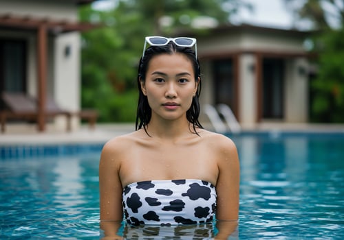 Portrait of woman in pool wearing cow print bikini top at a tropical resort photo