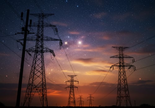 Power lines transmit energy to cities at dusk under the starry sky, for industry photo