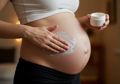 Pregnant woman applying cream on belly. Wellness, skincare ad, home setting photo