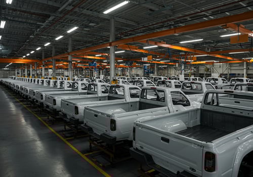 Production line White trucks in a factory, ready for delivery, industry background photo
