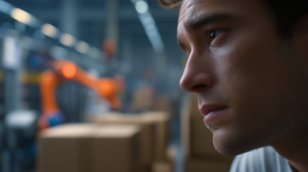 Worker contemplates job loss as robots take over factory floor. Close-up profile of unemployed man facing industrial automation. Technology replacing human labor in manufacturing. photo