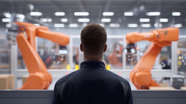 Worker watches robotic arms in modern factory. Industrial automation replacing human jobs. Person observes manufacturing robots from control room. Technology unemployment concept. photo