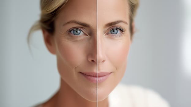 Anti-aging skincare before and after comparison showing wrinkle reduction and skin hydration improvement. Woman face split showing younger smoother skin results. photo