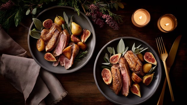 Thanksgiving duck breast dinner with fresh figs and pears on dark plates. Festive autumn table setting with candles, evergreen branches and seasonal decorations. photo