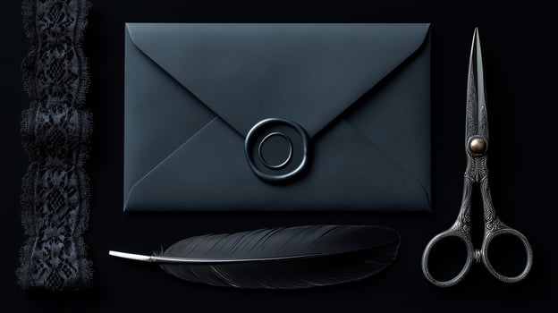Elegant dark envelope with black wax seal beside vintage ornate scissors and black feather quill on textured gothic background for luxury stationery mockup design. photo