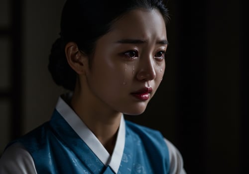 Sad Asian woman crying, tears running down her face in dim light, indoors photo