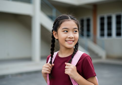 Schoolgirl carrying backpack smiles looking to the side in the schoolyard photo
