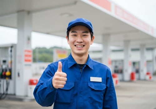 Service station worker giving thumbs up with gas pumps in background for service photo