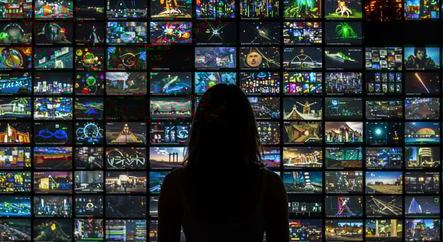 Silhouette of a girl watches various shows on screens for streaming online content photo
